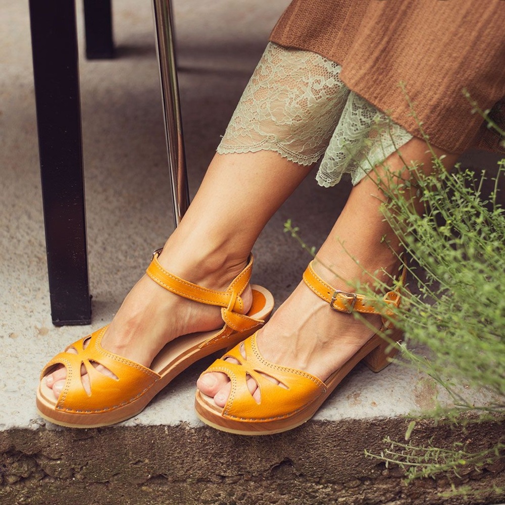 Women's Yellow Leather Clog Sandals with Ankle Strap